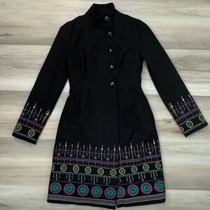 Plenty by Tracy Reece Long Black Embroidered Button Zip Front Wool Coat Size 0